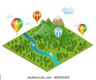 Hot air Balloons travel. Isometric flat vector illustration.  