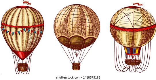 Hot Air Balloons. Vector retro flying airships with decorative elements. Template transport for Romantic logo. Hand drawn Engraved vintage sketch.
