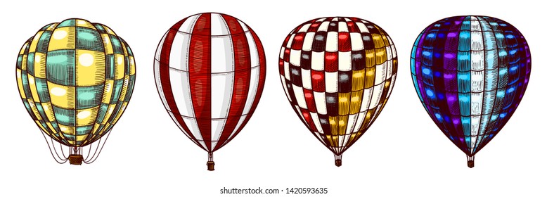 Hot Air Balloons. Vector retro flying airships with decorative elements. Template transport for Romantic logo. Hand drawn Engraved vintage sketch.