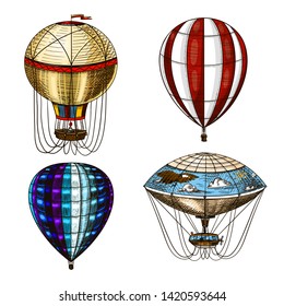 Hot Air Balloons. Vector retro flying airships with decorative elements. Template transport for Romantic logo. Hand drawn Engraved vintage sketch.