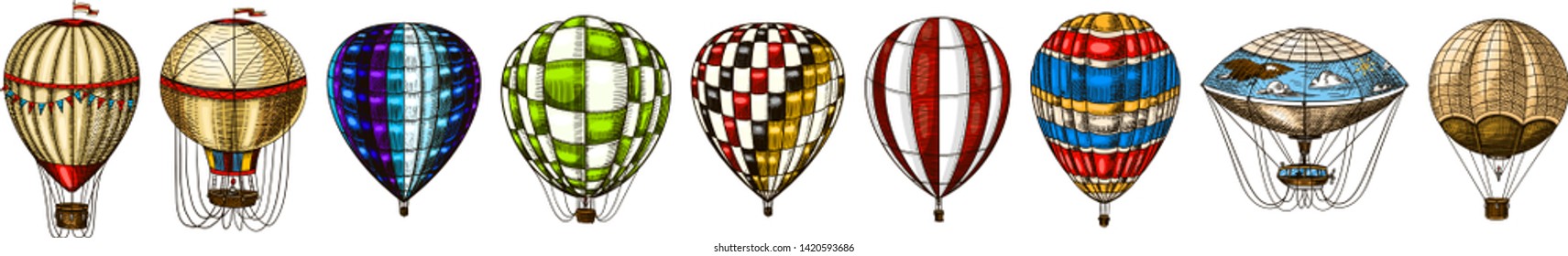 Hot Air Balloons. Vector retro flying airships with decorative elements. Template transport for Romantic logo. Hand drawn Engraved vintage sketch.