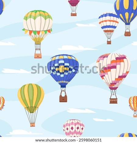 Hot air balloons vector seamless pattern Cartoon colorful baloons flying in sky with clouds repeat background Aerial flight adventure festival, show Endless design for print, fabric, textile, wrapping