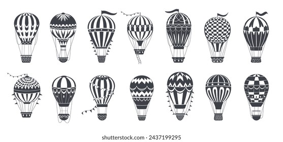 Hot air balloons. Vintage flying aircrafts silhouettes, hot air balloons flat vector illustration set. Retro transportation silhouettes on white