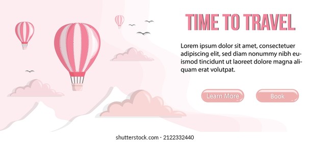 Hot air balloons website landing page vector template. Paper Cut style hot air balloons in sky cloud landing web template with text and linking buttons templates for tourism vacation promotion design.