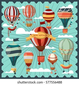 Hot air balloons in white clouds vector collection. Ballons for people to fly in sky and observe city view. Flying mean of transportation decorated with ladder and flags on striped background