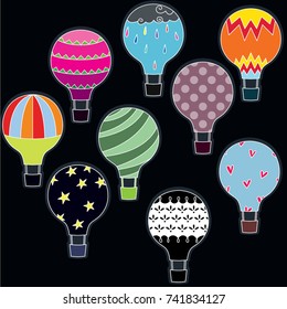 Hot Air Balloons, White Outline, Freehand illustration, transportation, nursery, flying, air, floating, pattern, texture, hearts, cloud, stars, striped, patch work, vintage, kids, travel, vector, fun