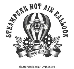 Hot Air Balloon-style steam punk black and white badge on a white background