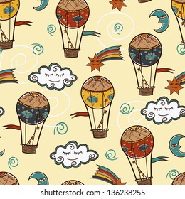 Hot Air Baloon Background. Seamless Vector Doodle Kids Pattern.