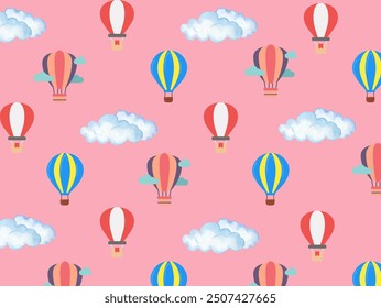 Hot air baloon and cloud on the pink background.