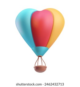 Hot air baloon heart striped with retro basket . Rising up love airship, romantic clay illustration isolated on white background. Aerostat for ballooning wind festival. Fly up to sky journey symbol.