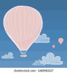 Hot air baloon illustration, flying on simple blue sky with clouds.