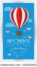 Hot air baloon Sale badge. Vertical background 1080x1920 resolution.