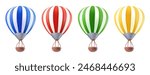 Hot air baloon striped with retro basket . Rising up airship, clay illustration isolated on white background. Aerostat for ballooning wind festival. Fly up to sky journey symbol. Travel in clouds.