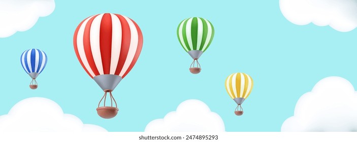 Hot air baloon striped with retro basket . Rising up airship, clay illustration isolated on white background. Aerostat for ballooning wind festival. Fly up to sky journey symbol. Travel in clouds.