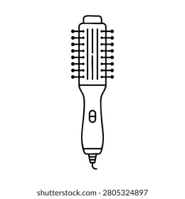 Hot air brush with bristles and power cord, hot air brush outline icon for blowout styling, salon tool and hair care equipment