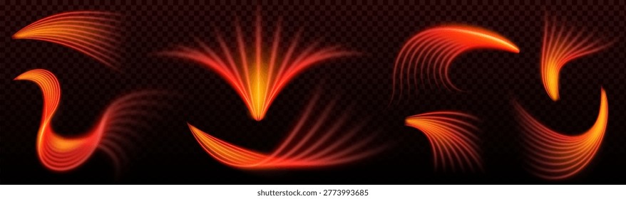 Hot air flow circulation effects set isolated on transparent background. Vector realistic illustration of neon red and orange rays showing heat movement, warm wind waves, modern HVAC system design