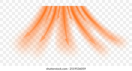 Hot air flow from air conditioner. Propagation of heat waves with direction. Realistic 3d vector illustration isolated on transparent background.