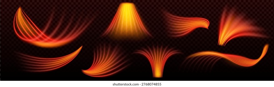 Hot air flow with dynamic red and orange heat waves, realistic wing effect isolated on transparent background. Warm energetic stream with glowing curved lines and motion blur