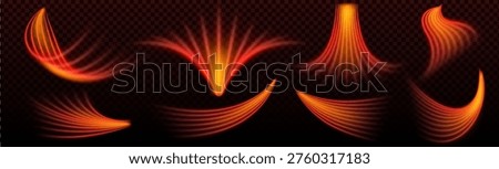 Hot air flow with dynamic red and orange heat waves, realistic wing effect isolated on transparent background. Warm energetic stream with glowing curved lines and motion blur