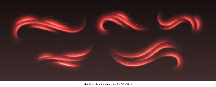 Efecto de flujo de aire caliente, viento caliente. Viajes de luz roja con chispas. Efecto de movimiento brillante. Curvas luminiscentes abstractas. Decoración vectorial.