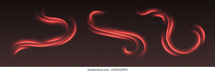 Efecto de flujo de aire caliente, viento caliente. Viajes de luz roja con chispas. Efecto de movimiento brillante. Curvas luminiscentes abstractas. Decoración vectorial.