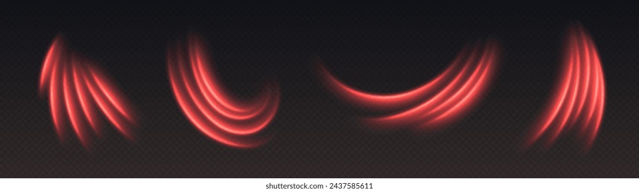 Efecto de flujo de aire caliente, viento de calefacción caliente. Rastros de luz roja con destellos. Efecto de movimiento brillante. Curvas luminiscentes abstractas. Decoración vectorial.