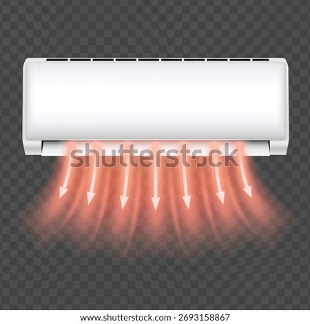 Hot air flow stream with red arrows from an air conditioner. Electronic modern appliance for heat temperature and climate in room. Split system. Blurred flow movement. Vector illustration isolated