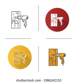 Hot air gun heating surface icon. Paint removing. Flat design, linear and color styles. Isolated vector illustrations