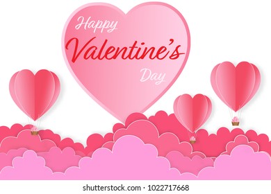 The hot air heart balloon as love, happy valentine's day, wedding and paper art concept. vector illustration.
