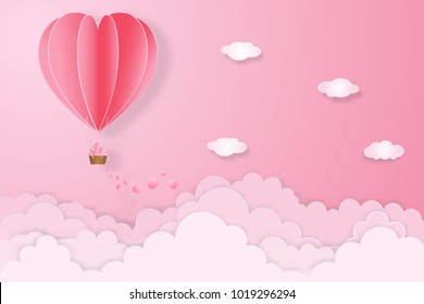 The hot air heart balloon on pink sky as love, happy valentine's day, wedding and paper art concept. vector illustration.