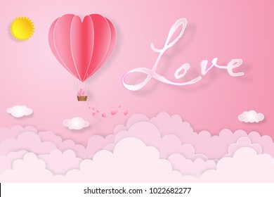 The hot air heart balloon on pink sky as love, happy valentine's day, wedding and paper art concept. vector illustration.