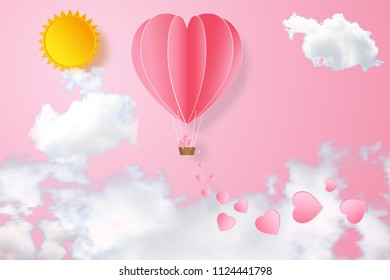The hot air heart balloon on pink sky and sunny as love, happy valentine's day, wedding and paper art concept. vector illustration.