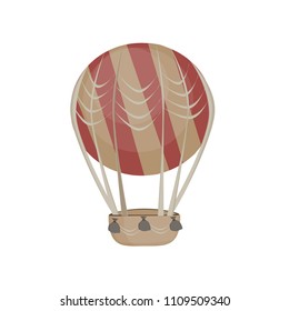 Hot air sky balloon vector cartoon flat icon illustration isolated. Vintage cute silhouette colorful transport travel with basket. Adventure discovery invention symbol. 