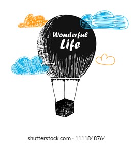 Hot air in the sky. Clouds. Balloon. He is flying. For your design.  An object. Icon.