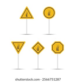 Hot air and hot steam warning sign isolated on a white background. Warning, caution, and danger sign vector. Five different shapes of billboard design. Air icon with multiple shape traffic sign.