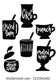Bebidas con alcohol caliente. Ilustración de diferentes tazas y vasos con el nombre de la bebida dentro. Siluetas negras aisladas sobre fondo blanco.
