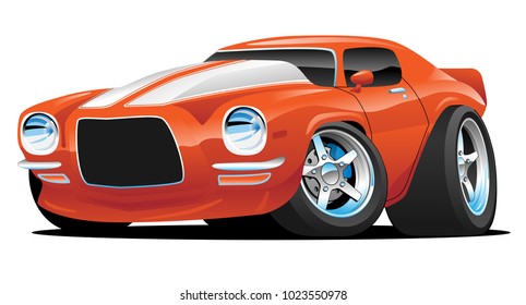 Hot American muscle car cartoon. Orange with white stripes, aggressive stance, low profile, big tires and rims.