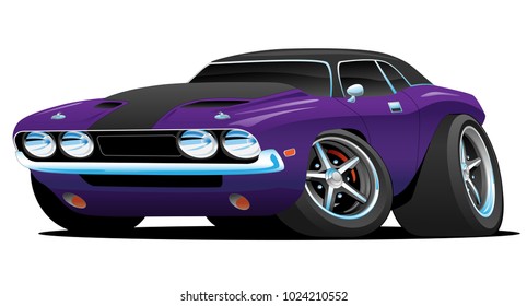 Hot American muscle car cartoon. Purple and black paint, aggressive stance, low profile, big tires and rims.