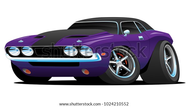 热美国肌肉车卡通 紫色和黑色的油漆 积极的立场 低调 大轮胎和轮辋 库存矢量图 免版税