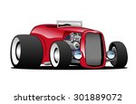 Hot American vintage hot rod hiboy roadster car cartoon, red, cool stance, low profile, big tires on vintage rims