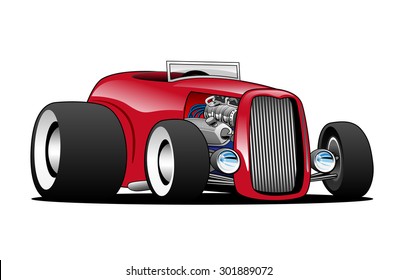 Hot American vintage hot rod hiboy roadster car cartoon, red, cool stance, low profile, big tires on vintage rims