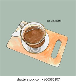 hot americano serve on wood tray , sketch water color vector.