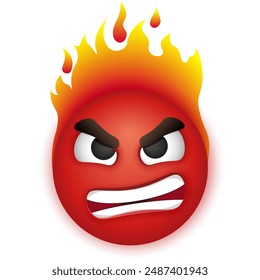 Hot angry emoji with flame. Overheated sweating emoticon.  Vector emoji on white background. Red face. Cute emoticon