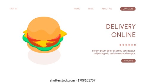 Hot appetizing multi-colored burger made of buns, salad, cheese, tomatoes and beef cutlets grilled. Vector isolated isometric burger on a white background.