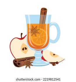 Hot Apfelwein trinken Symbol Vektorgrafik. Gläserner Drink mit Äpfeln, Zitrone, Zimt, Sternanis und Klee Stillleben Symbol einzeln auf weißem Hintergrund. Glas süße Getränke-Zeichnung im Winter