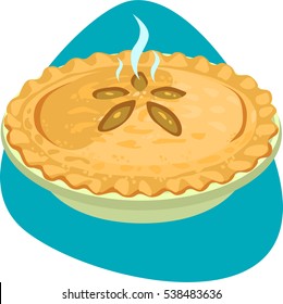 Hot apple pie with crusty rim and decorated top in ceramic pie pan. Isolated on blue background.