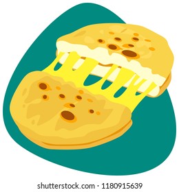 Hot Arepa with melted cheese on green background