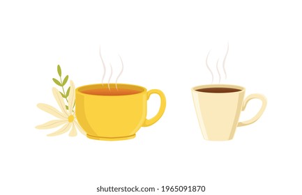 Hot Aroma Beverages, Ceramic Cups of Herbal Tea and Coffee Cartoon Vector Illustration