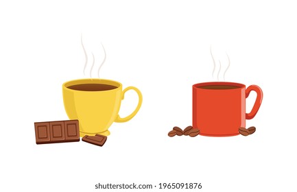 Hot Aroma Beverages, Ceramic Cups of Coffee and Chocolate Cartoon Vector Illustration