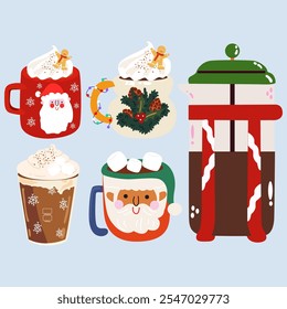 Hot aroma Christmas coffee and cacao drinks collection. Mugs for Xmas, New year or winter holidays. Flat cartoon different hot beverages. Mugs of Cocoa with marshmallow, coffee with cream